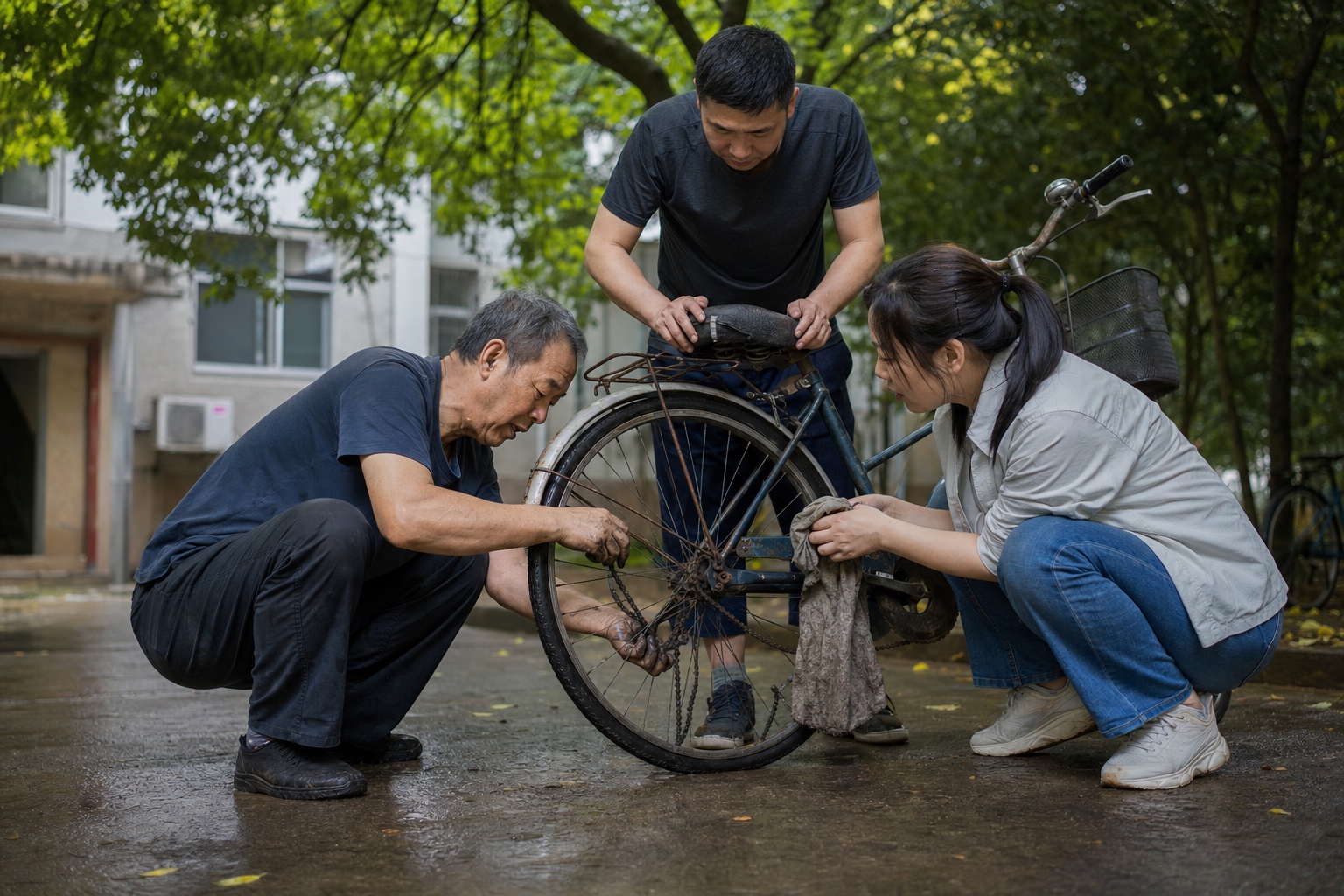 三位成年家人在雨后一起学习修理自行车链条